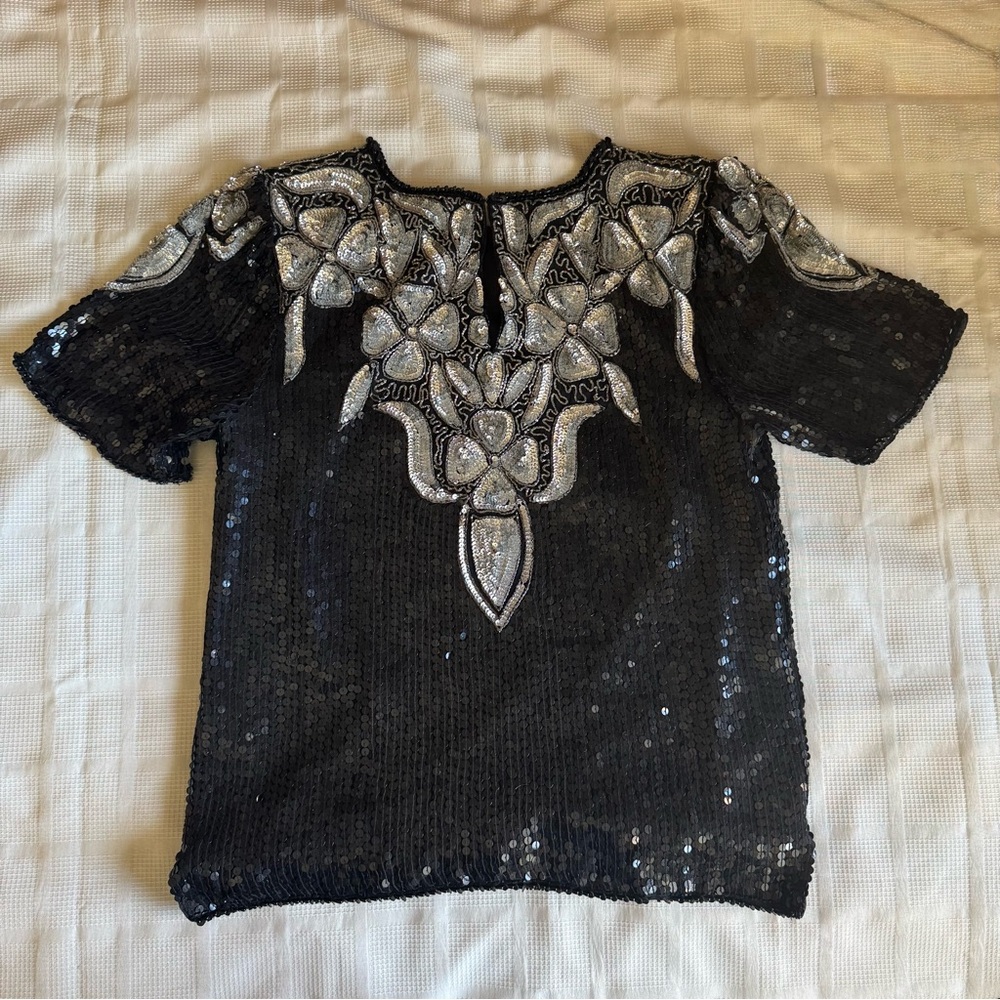 VTG 80’s Black and Silver Embellished Women's Top